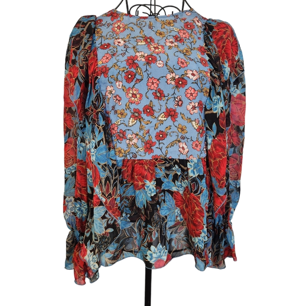 SeeByChloe silk blend flowy floral red and blue mulitprint top sz small